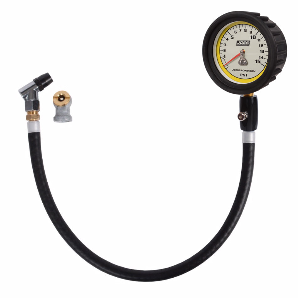Joes Racing Products Tire Pressure Gauge - Pro Tire - Glow in the Dark - 0-15 psi - Analog - 2-1/2 in Diameter - White