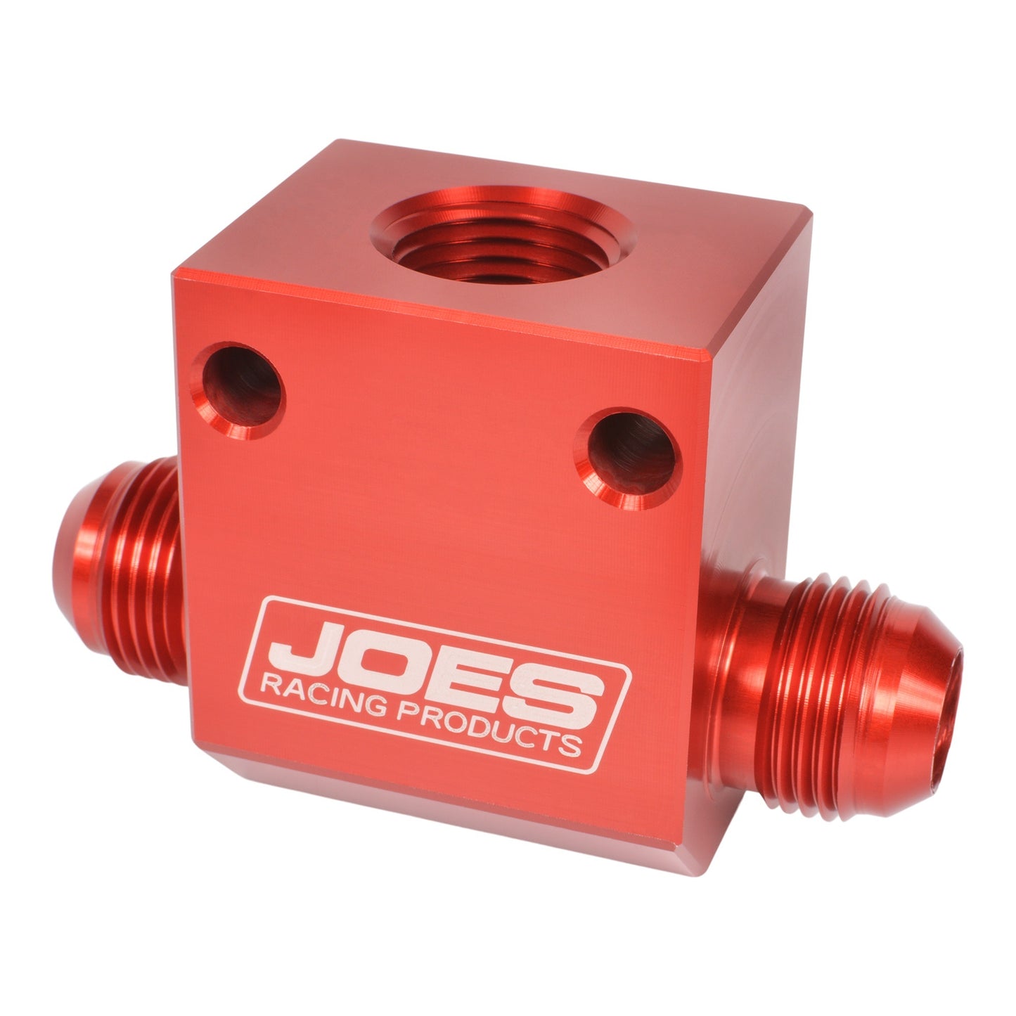 Joes Racing Products Fitting - Adapter Tee - 12 AN Male x 12 AN Male x 1/2 in NPT Female - Aluminum - Red Anodized -