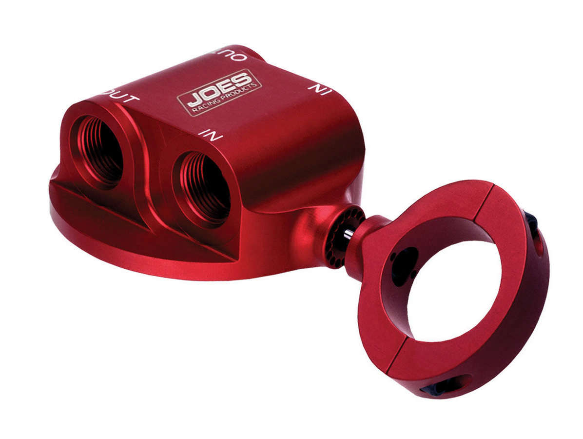 Joes Racing Products Oil Filter Mount - Clamp-On - 1/2 in NPT Ports - 13/16-16 in Center Thread - Aluminum - Red