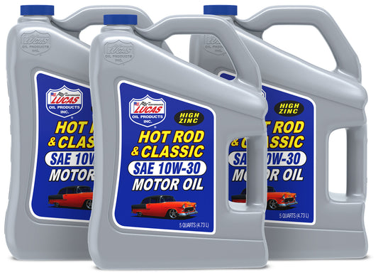 Lucas Oil Motor Oil - Hot Rod and Classic Car - High Zinc - 10W30 - Conventional - 5 qt Jug - Set of 3