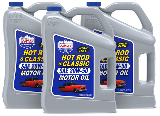 Lucas Oil Motor Oil - Hot Rod and Classic Car - High Zinc - 20W50 - Conventional - 5 qt Jug - Set of 3