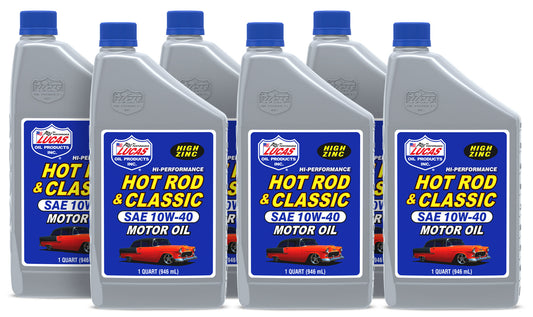 Lucas Oil Motor Oil - Hot Rod and Classic Car - High Zinc - 10W40 - Conventional - 1 qt Bottle - Set of 6