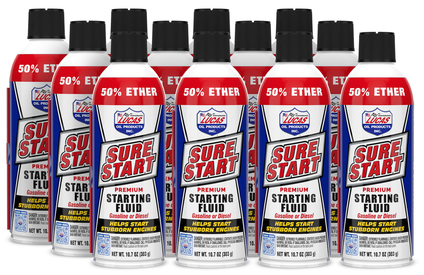Lucas Oil Starting Fluid - Sure Start - 10.7 oz Aerosol - Diesel / Gas - Set of 12