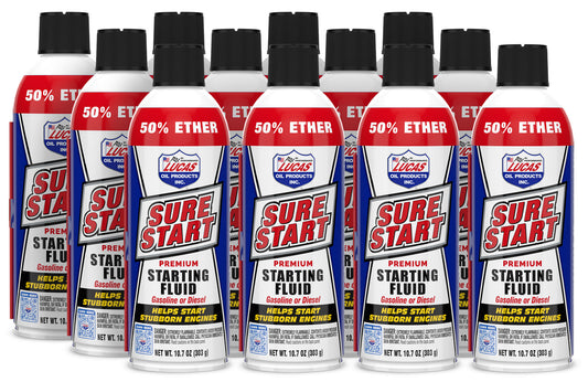 Lucas Oil Starting Fluid - Sure Start - 10.7 oz Aerosol - Diesel / Gas - Set of 12