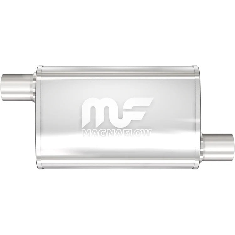Magnaflow Perf Exhaust Muffler - 2.25 in Offset Inlet - 2.25 in Offset Outlet - 18 x 9 x 4 in Oval Body - 24 in Long -