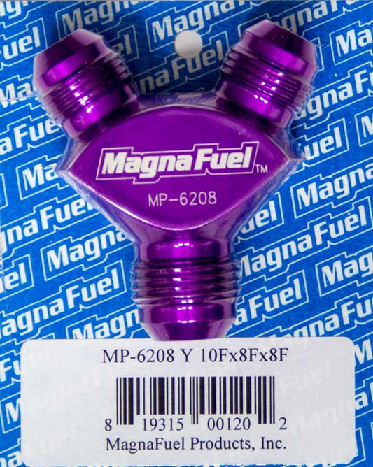 Magnafuel/Magnaflow Fuel Systems Fitting - Y Block - 10 AN Male Inlet - Dual 8 AN Male Outlets - Aluminum - Purple
