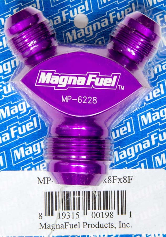 Magnafuel/Magnaflow Fuel Systems Fitting - Y Block - 12 AN Male Inlet - Dual 8 AN Male Outlets - Aluminum - Purple