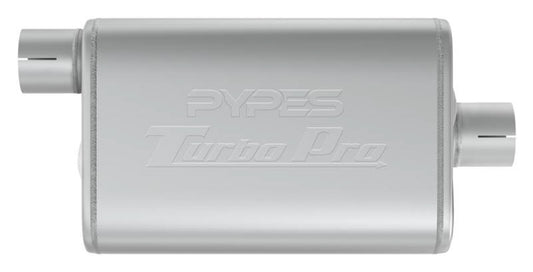 Pypes Performance Exhaust Muffler - Turbo Pro - 2.5 in Offset Inlet - 2.5 in Center Outlet - 9.5 x 4.5 in Oval Body -
