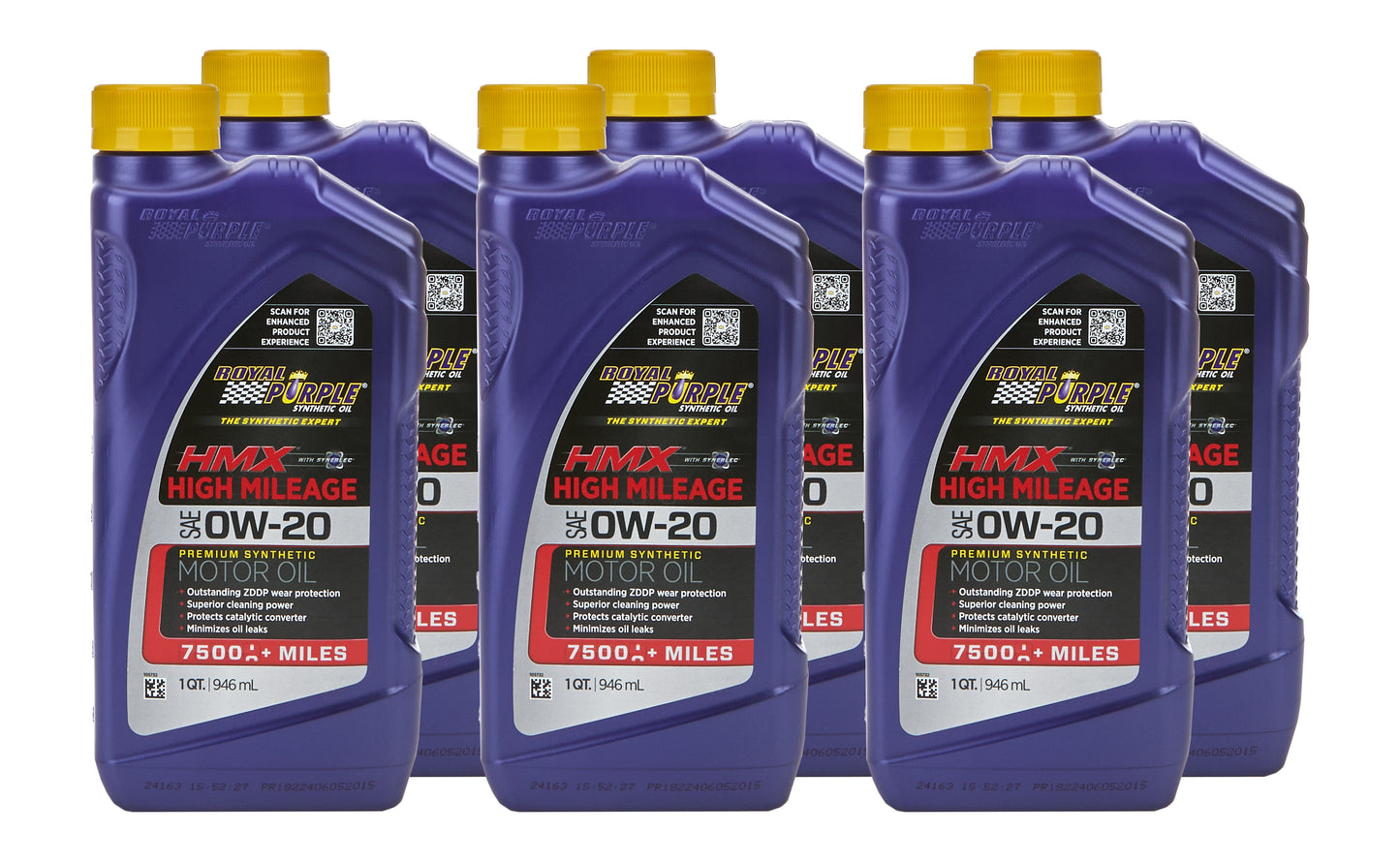 Royal Purple Motor Oil - HMX High Mileage - High Zinc - 0W20 - Synthetic - 1 qt Bottle - Set of 6