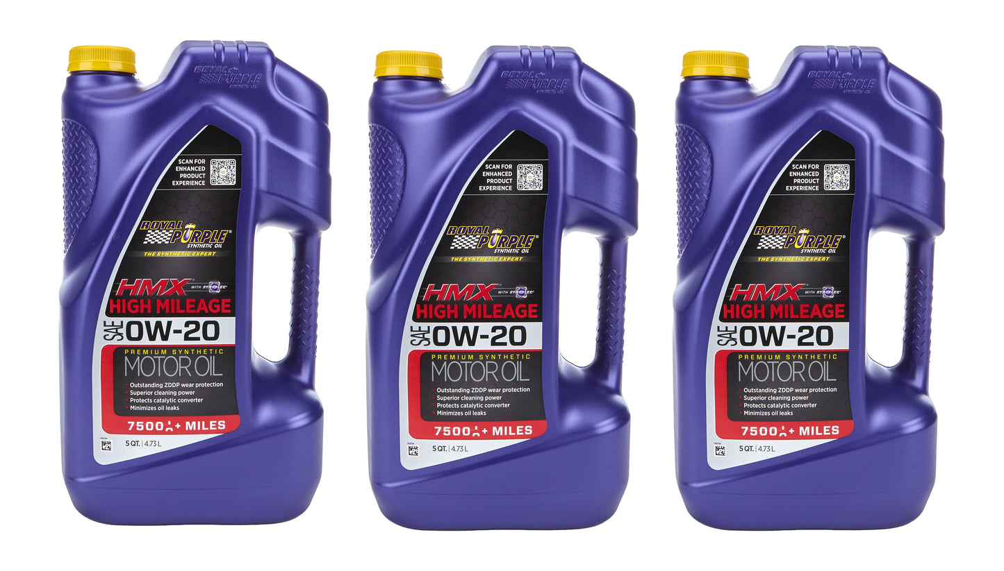 Royal Purple Motor Oil - HMX High Mileage - High Zinc - 0W20 - Synthetic - 5 qt Jug - Set of 3