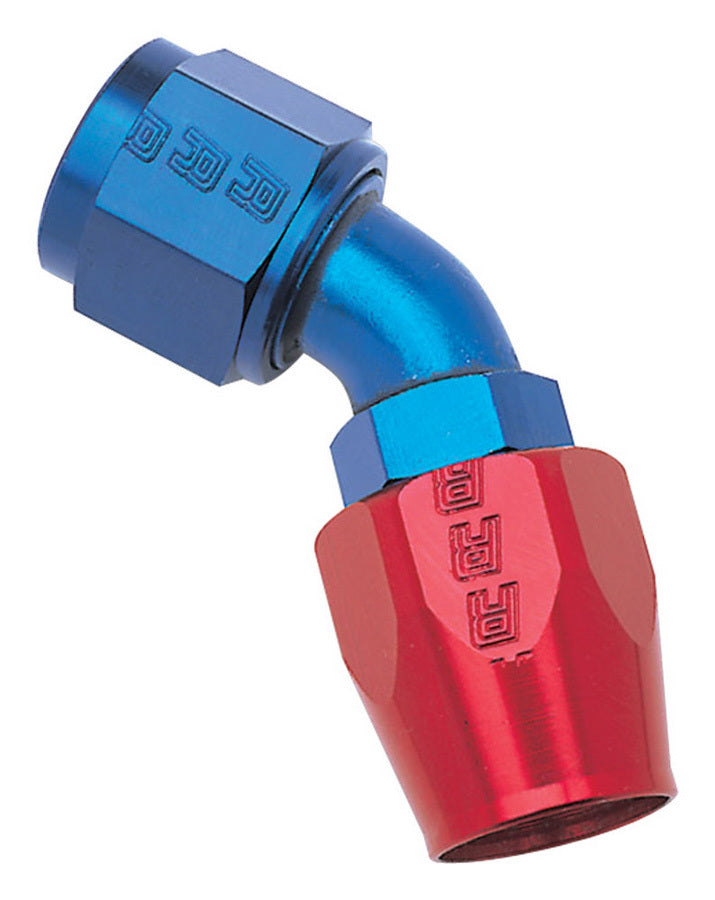 Russell Fitting - Hose End - Full Flow - 45 Degree - 4 AN Hose to 4 AN Female - Aluminum - Blue / Red Anodized - Each