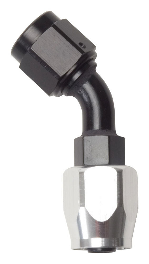 Russell Fitting - Hose End - Full Flow - 45 Degree - 8 AN Hose to 8 AN Female - Aluminum - Black / Silver Anodized -