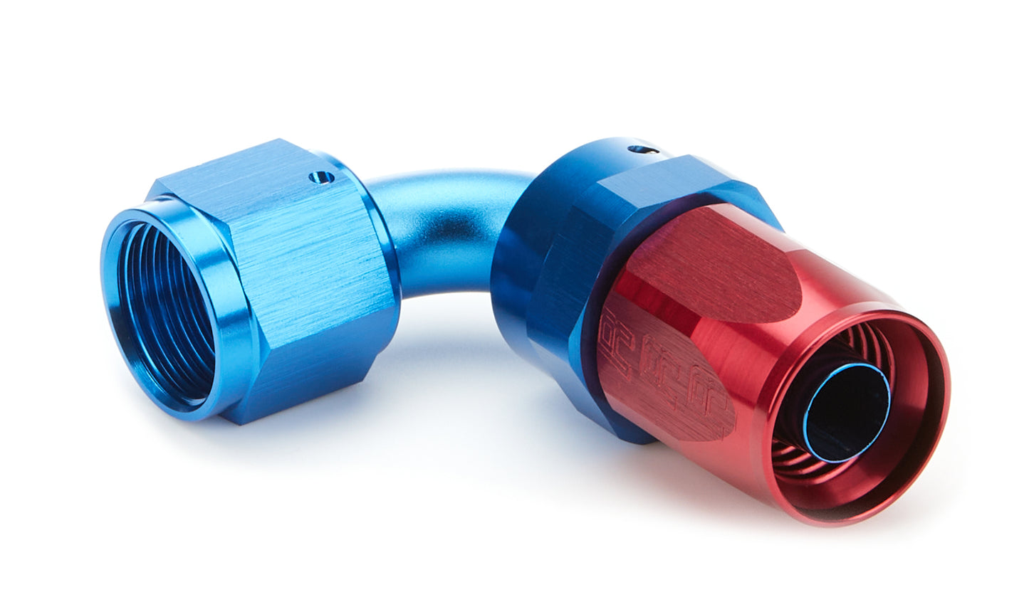 Russell Fitting - Hose End - Full Flow - 90 Degree - 8 AN Hose to 8 AN Female Swivel - Aluminum - Blue / Red Anodized