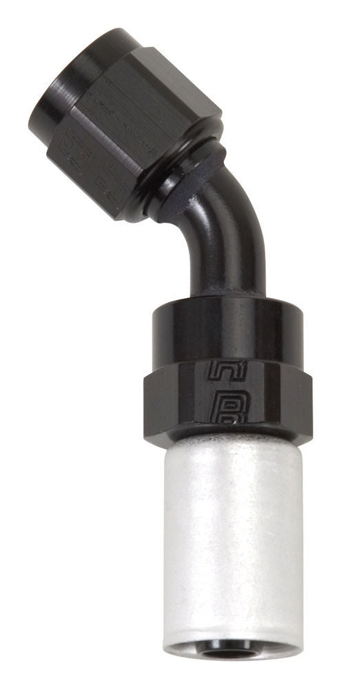 Russell Fitting - Hose End - Crimp-On - 45 Degree - 6 AN Hose Crimp to 6 AN Female - Aluminum - Black / Silver