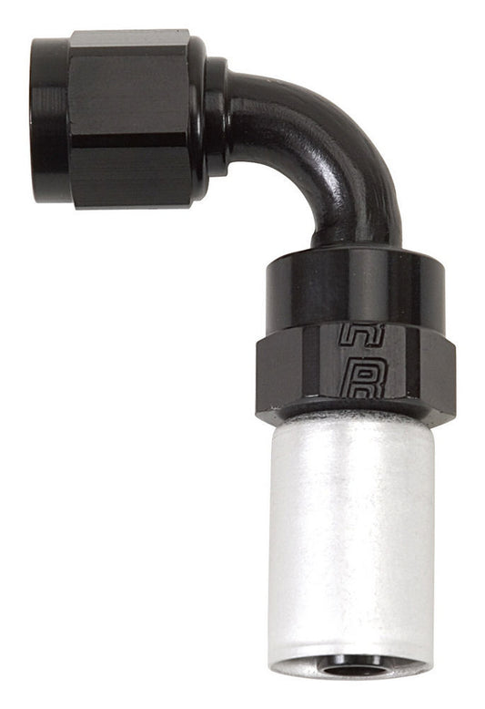 Russell Fitting - Hose End - Crimp-On - 90 Degree - 6 AN Hose Crimp to 6 AN Female - Aluminum - Black / Silver