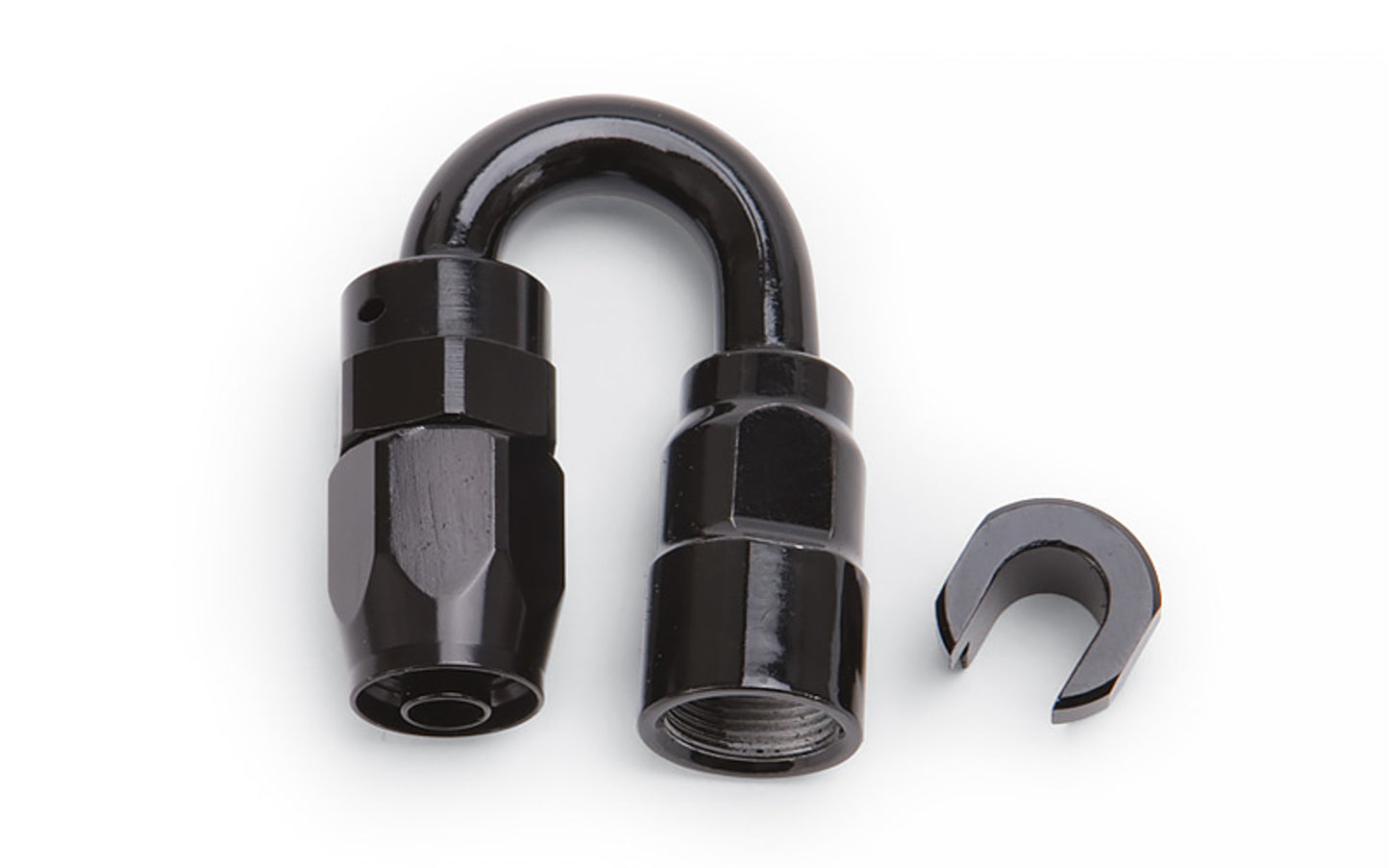 Russell Fitting - Hose End - 180 Degree - 6 AN Hose - 3/8 in SAE Female Quick Disconnect - Aluminum - Black Anodized -