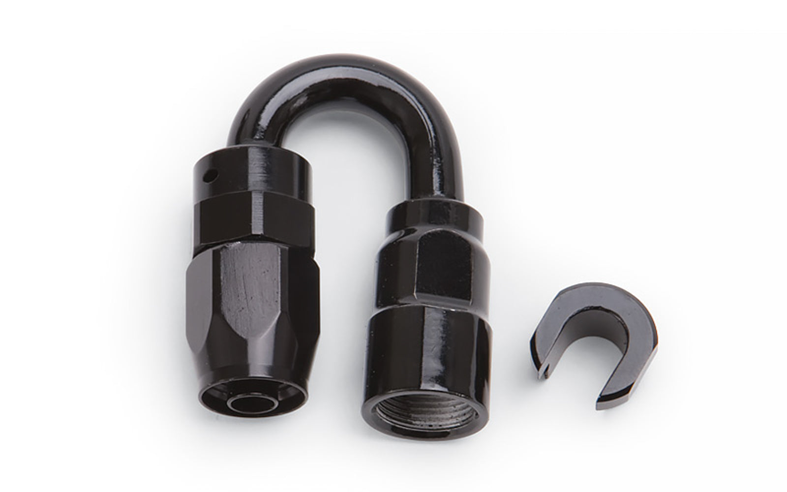 Russell Fitting - Hose End - 180 Degree - 6 AN Hose - 3/8 in SAE Female Quick Disconnect - Aluminum - Black Anodized -