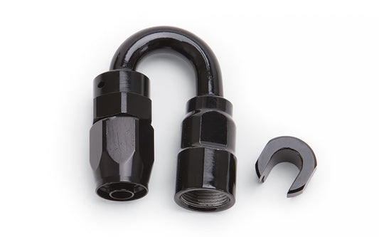 Russell Fitting - Hose End - 180 Degree - 6 AN Hose - 3/8 in SAE Female Quick Disconnect - Aluminum - Black Anodized -