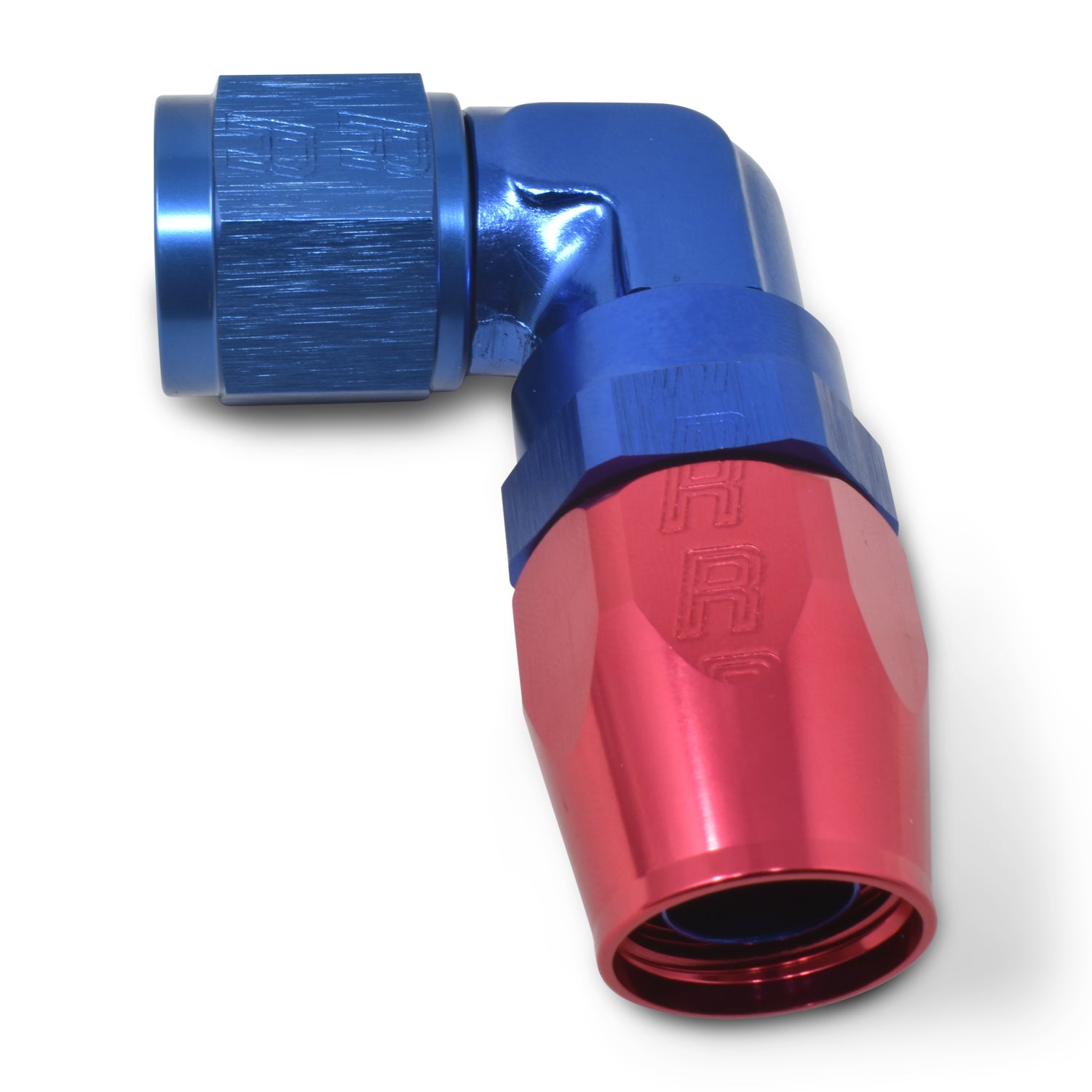 Russell Fitting - Hose End - ProClassic - 90 Degree - 6 AN Hose to 6 AN Female - Swivel - Aluminum - Blue / Red