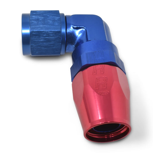 Russell Fitting - Hose End - ProClassic - 90 Degree - 6 AN Hose to 6 AN Female - Swivel - Aluminum - Blue / Red