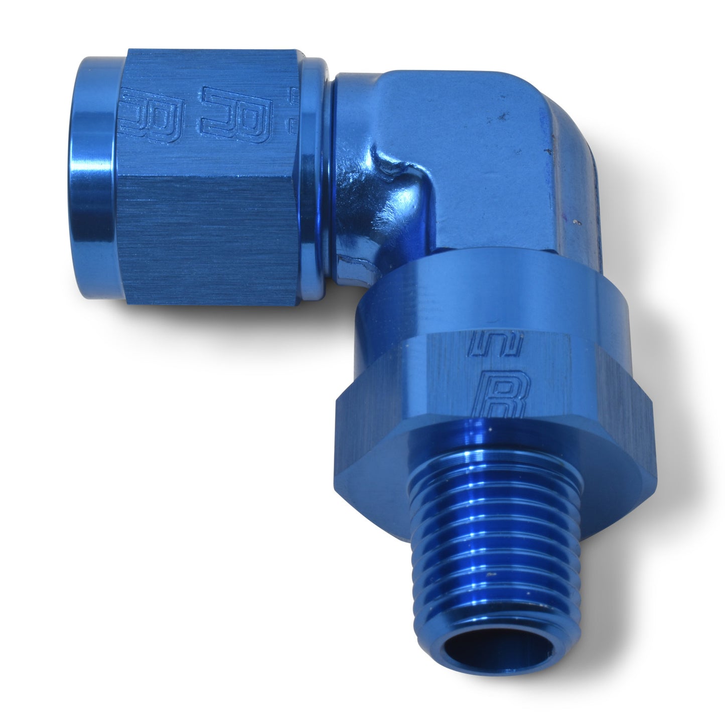 Russell Fitting - Adapter Fitting - 90 Degree - 6 AN Female to 3/8 in NPT Male Swivel - Aluminum - Blue Anodized - Each