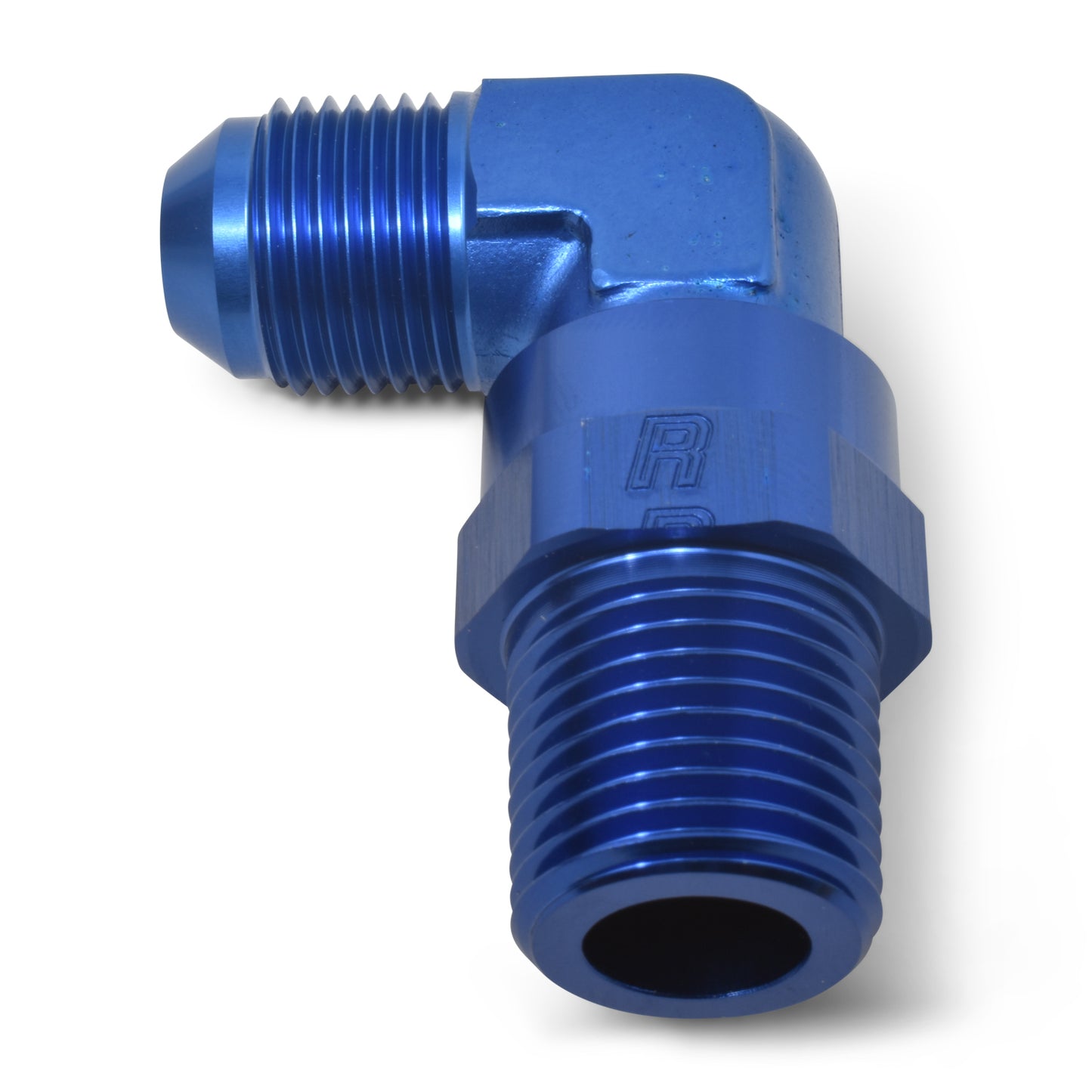 Russell Fitting - Adapter Fitting - 90 Degree - 8 AN Male to 1/4 in NPT Male Swivel - Aluminum - Blue Anodized - Each