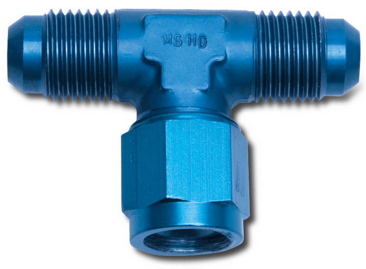 Russell Fitting - Adapter - Tee - 6 AN Male x 6 AN Male x 6 AN Female Swivel - Aluminum - Blue Anodized - Each
