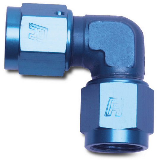 Russell Fitting - Adapter - 90 Degree - 6 AN Female to 6 AN Female - Low Profile - Aluminum - Blue Anodized - Each