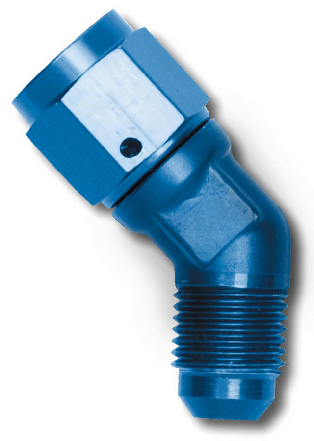 Russell Fitting - Adapter - 45 Degree - 6 AN Female Swivel to 6 AN Male - Low Profile - Aluminum - Blue Anodized - Each