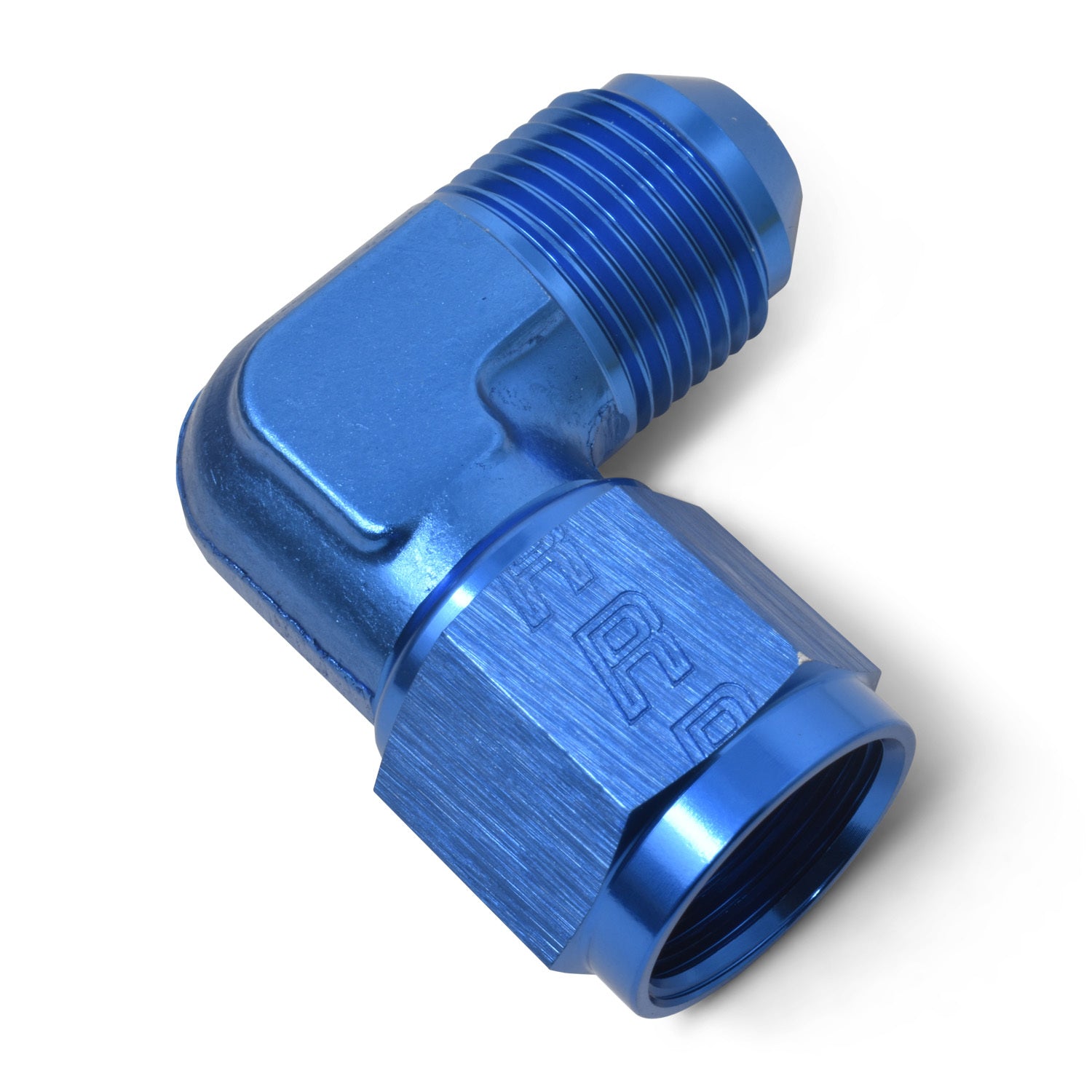 Russell Fitting - Adapter Fitting - 90 Degree - 4 AN Female Swivel to 4 AN Male - Aluminum - Blue Anodized - Each