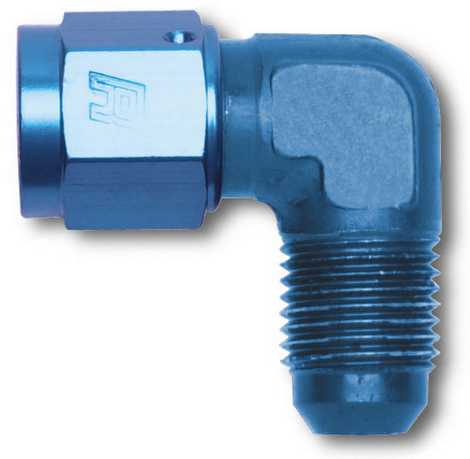 Russell Fitting - Adapter - 90 Degree - 6 AN Female Swivel to 6 AN Male - Aluminum - Blue Anodized - Each