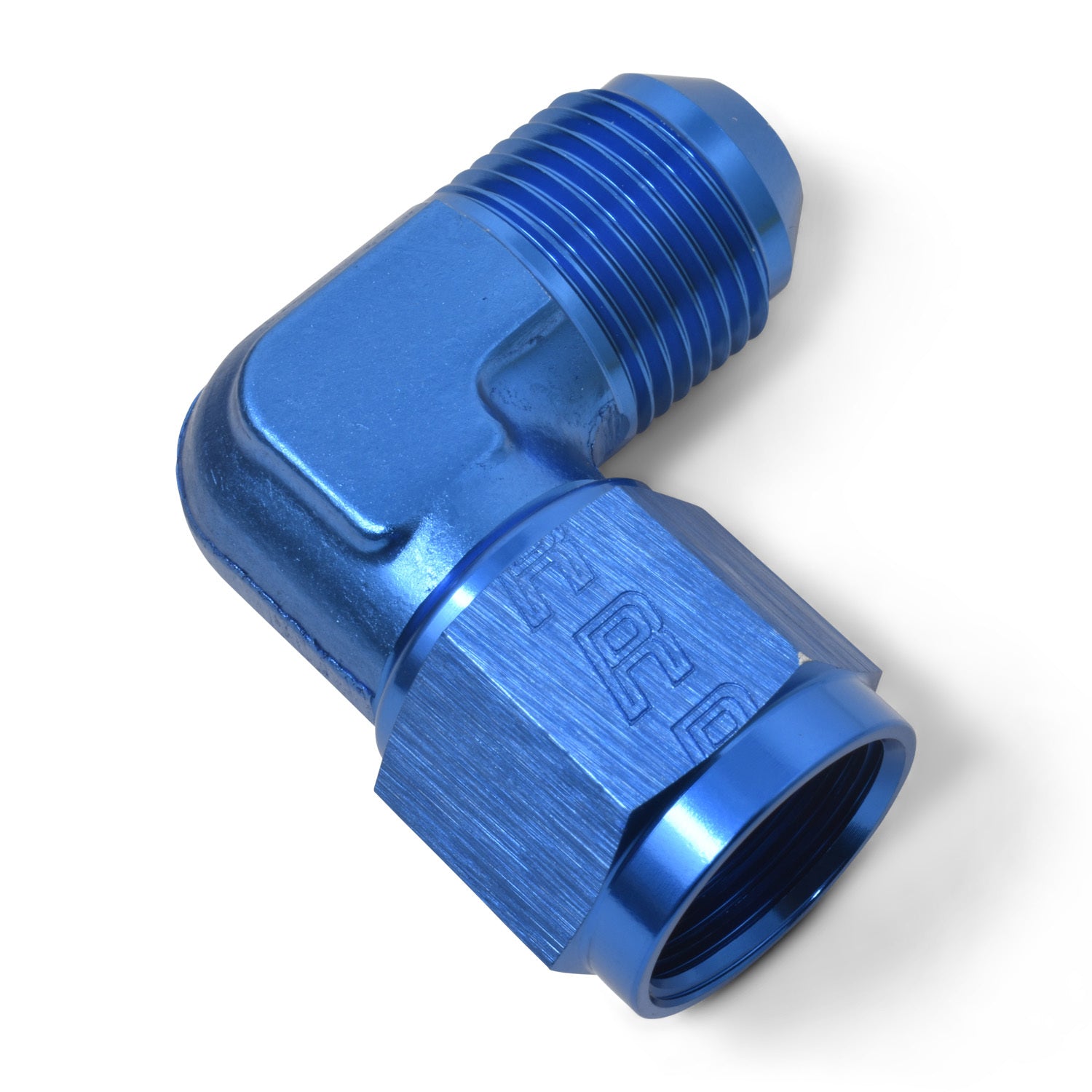 Russell Fitting - Adapter Fitting - 90 Degree - 10 AN Female Swivel to 10 AN Male - Aluminum - Blue Anodized - Each