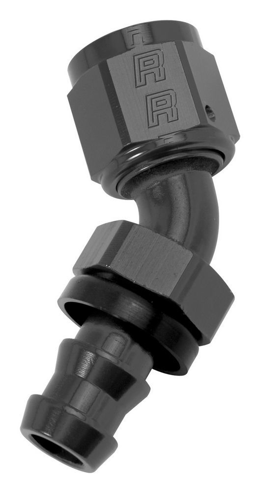 Russell Fitting - Hose End - Twist-Lok - 45 Degree - 8 AN Hose Barb to 8 AN Female - Aluminum - Black Anodized - Each
