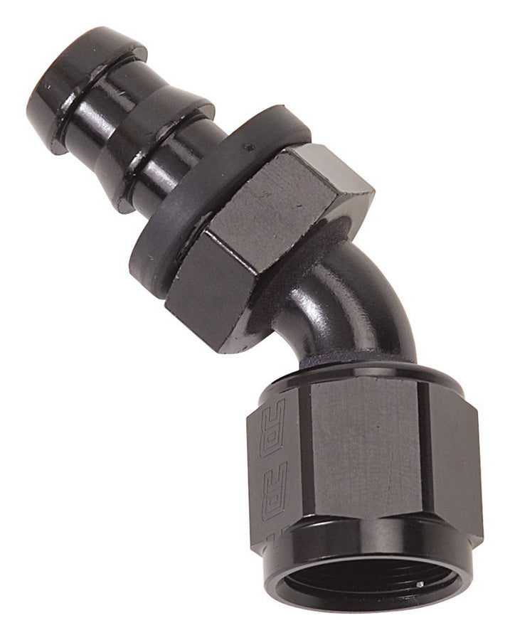 Russell Fitting - Hose End - Twist-Lok - 45 Degree - 10 AN Hose Barb to 10 AN Female - Aluminum - Black Anodized - Each