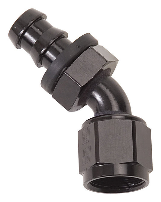 Russell Fitting - Hose End - Twist-Lok - 45 Degree - 10 AN Hose Barb to 10 AN Female - Aluminum - Black Anodized - Each