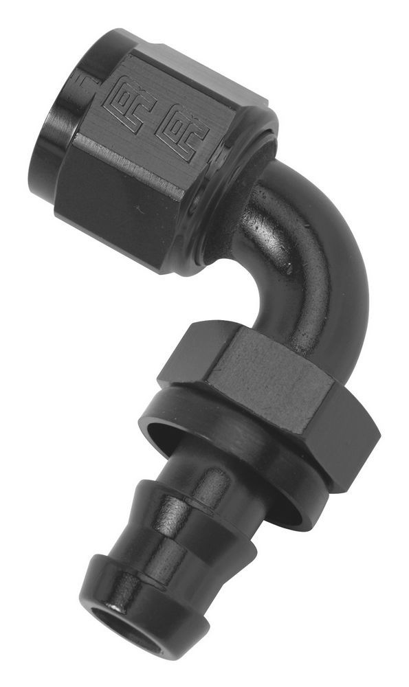 Russell Fitting - Hose End - Twist-Lok - 90 Degree - 6 AN Hose Barb to 6 AN Female - Aluminum - Black Anodized - Each