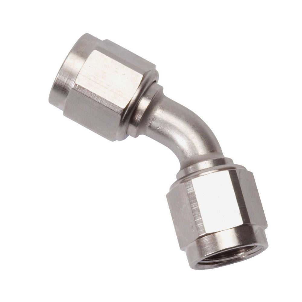 Russell Fitting - Adapter - 45 Degree - 6 AN Female Swivel to 6 AN Female Swivel - Aluminum - Nickel Anodized - Each