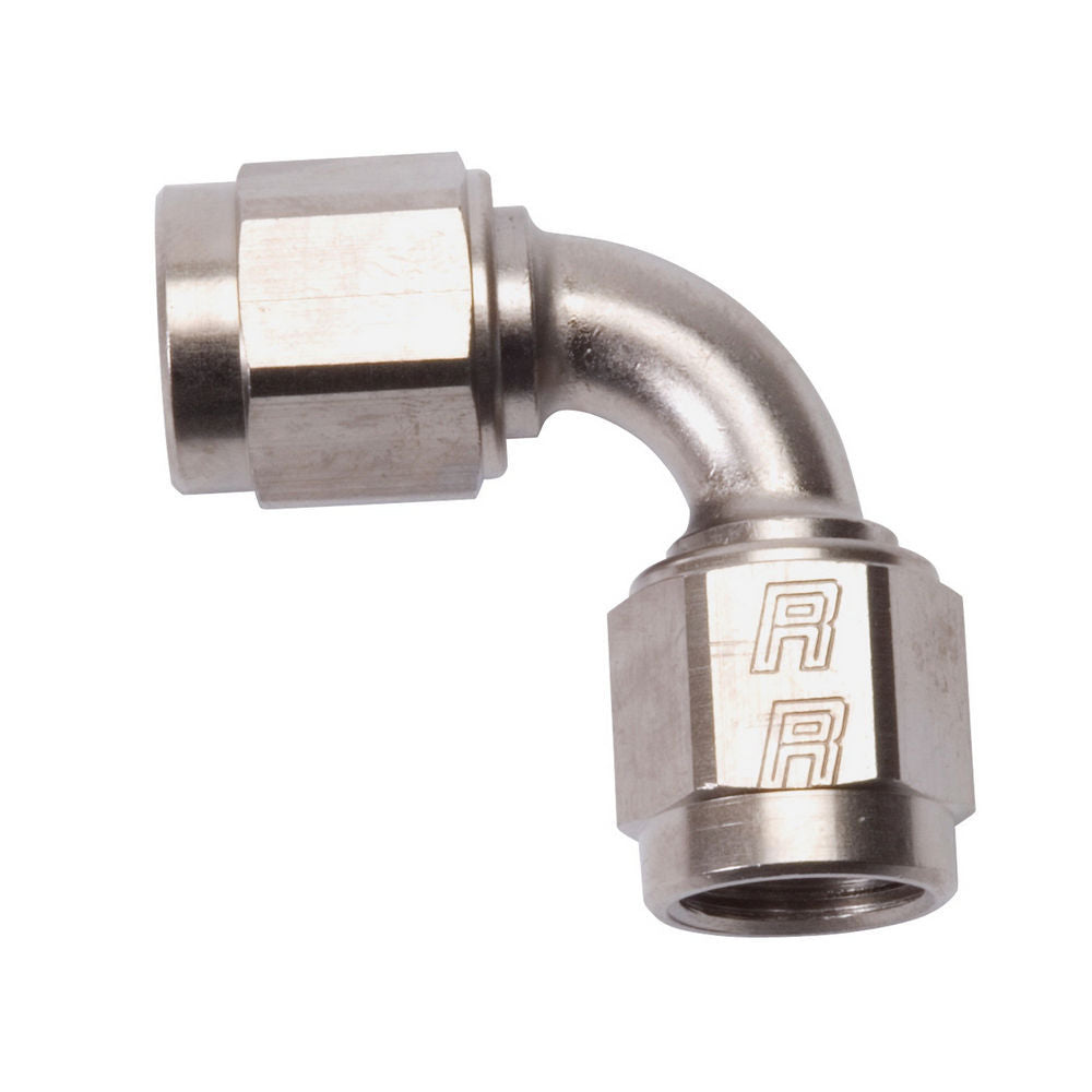 Russell Fitting - Adapter - 90 Degree - 8 AN Female Swivel to 8 AN Female Swivel - Aluminum - Nickel Anodized - Each