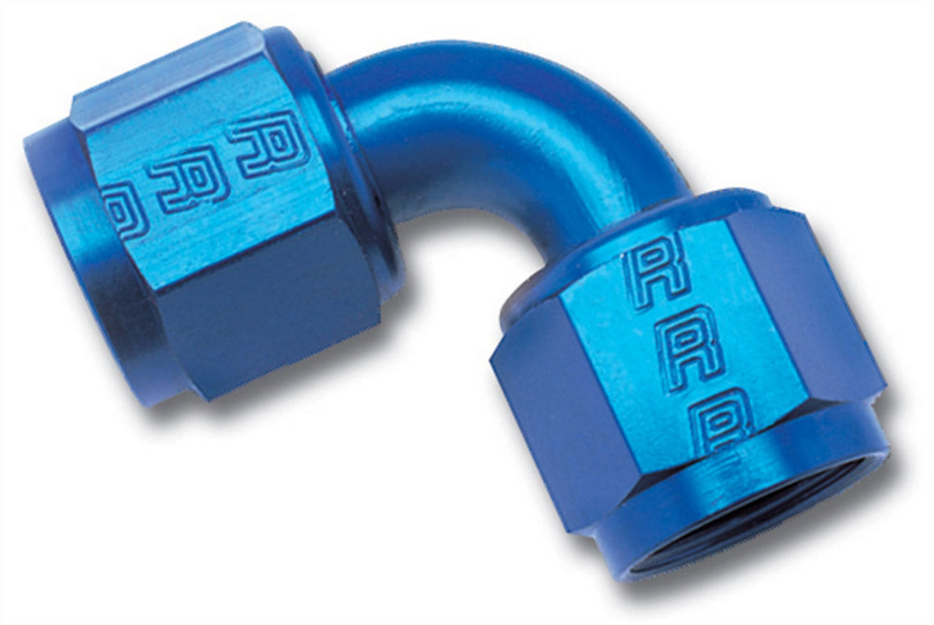 Russell Fitting - Adapter - 90 Degree - 12 AN Female Swivel to 12 AN Female Swivel - Aluminum - Blue Anodized - Each
