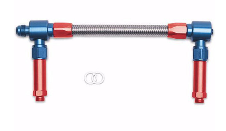 Russell Carburetor Fuel Line - 8 AN Male Inlet - Dual 7/8-20 in Male Outlets - Braided Stainless Hose - Blue / Red -