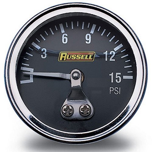 Russell Pressure Gauge - 0-15 psi - Mechanical - Analog - 1-1/2 in Diameter - Liquid Filled - 1/8 in NPT Port - Black