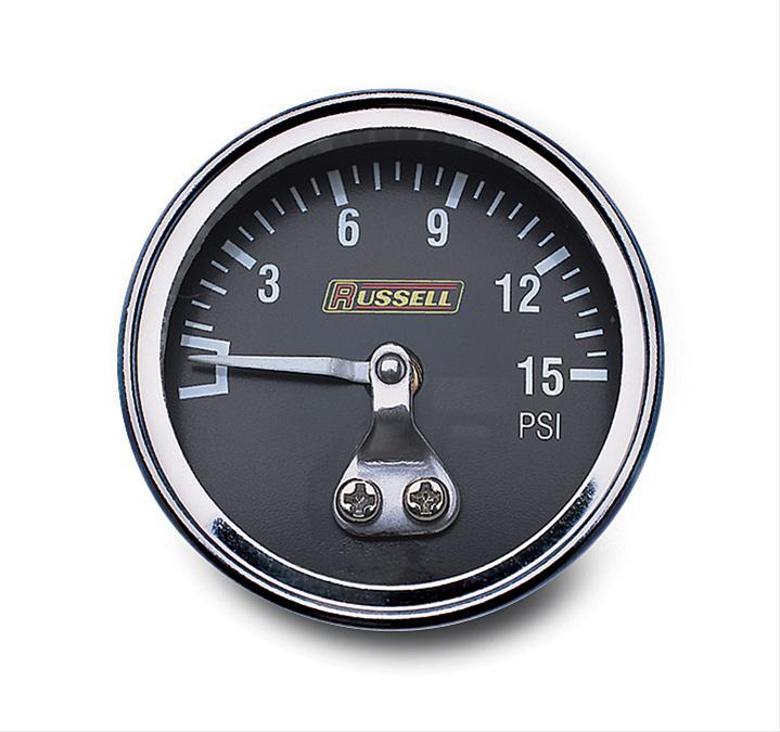 Russell Pressure Gauge - 0-15 psi - Mechanical - Analog - 1-1/2 in Diameter - 1/8 in NPT Port - Black Face - Each