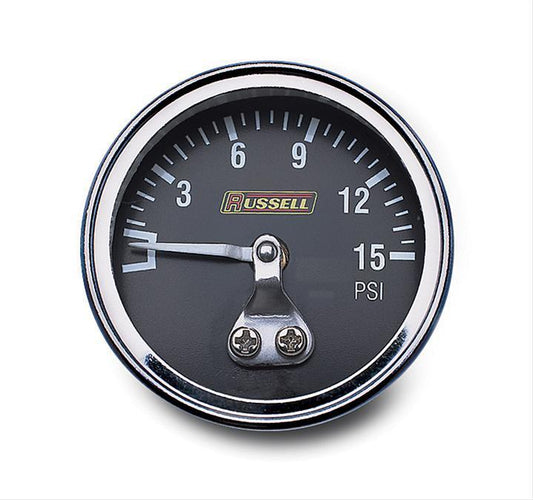 Russell Pressure Gauge - 0-15 psi - Mechanical - Analog - 1-1/2 in Diameter - 1/8 in NPT Port - Black Face - Each