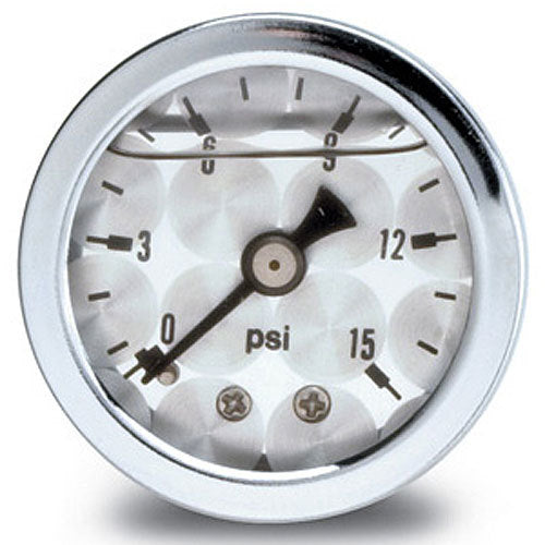 Russell Pressure Gauge - 0-15 psi - Mechanical - Analog - 1-1/2 in Diameter - Liquid Filled - 1/8 in NPT Port - Silver