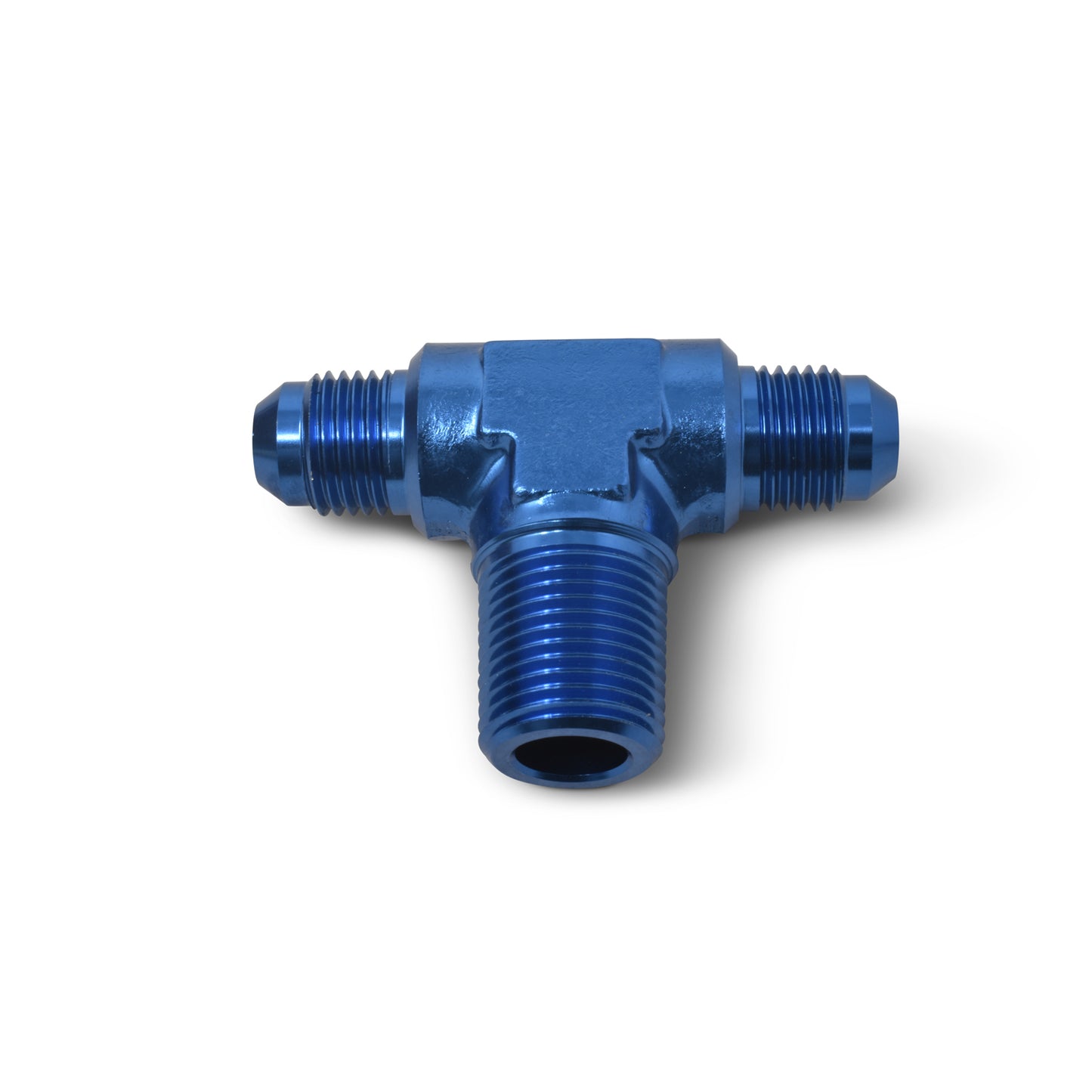 Russell Fitting - Adapter Tee - 6 AN Male x 6 AN Male x 3/8 in NPT Male - Aluminum - Blue Anodized - Each