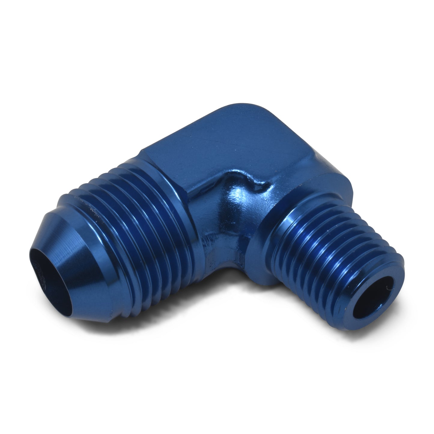 Russell Fitting - Adapter - 90 Degree - 3 AN Male to 1/8 in NPT Male - Aluminum - Blue Anodized - Each