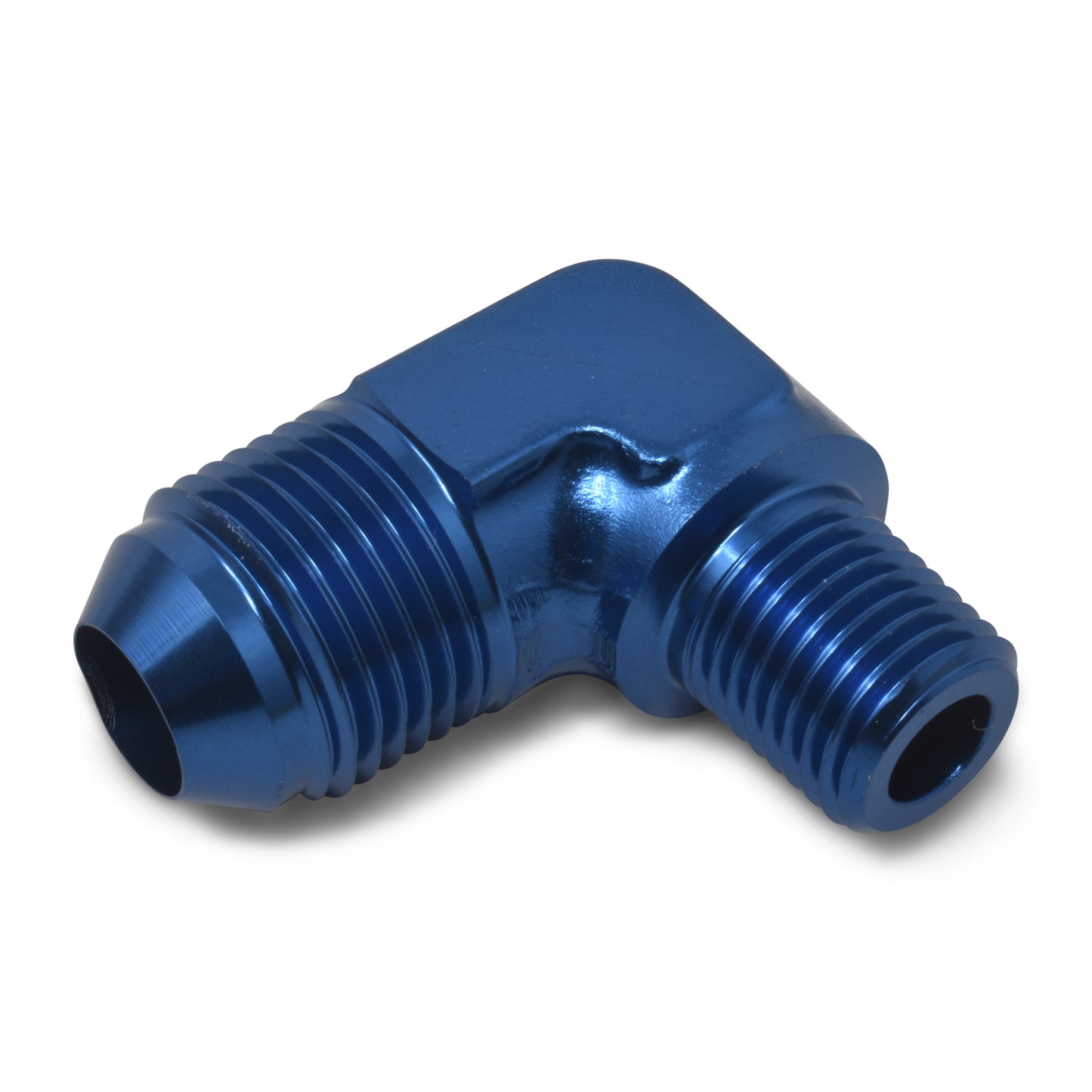 Russell Fitting - Adapter - 90 Degree - 4 AN Male to 1/8 in NPT Male - Aluminum - Blue Anodized - Each