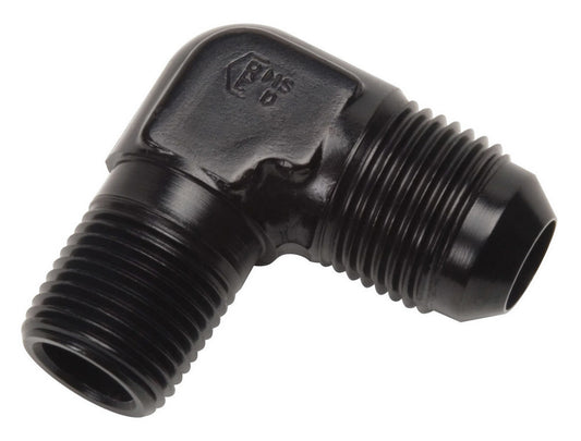 Russell Fitting - Adapter - 90 Degree - 6 AN Male to 1/4 in NPT Male - Aluminum - Black Anodized - Each