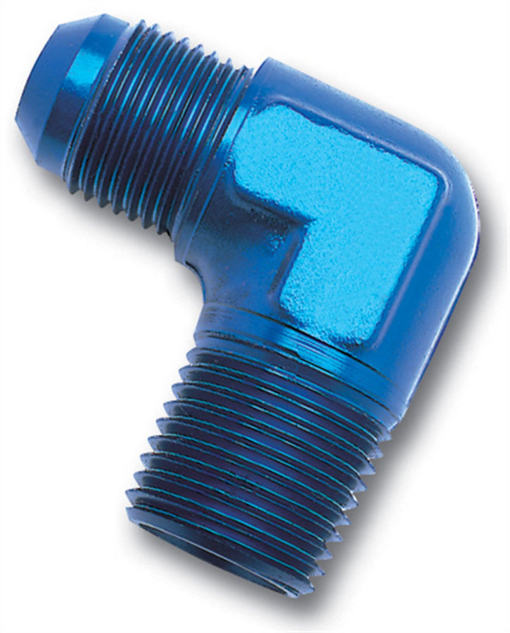 Russell Fitting - Adapter - 90 Degree - 6 AN Male to 3/8 in NPT Male - Aluminum - Blue Anodized - Each