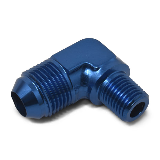 Russell Fitting - Adapter - 90 Degree - 8 AN Male to 3/8 in NPT Male - Aluminum - Blue Anodized - Each